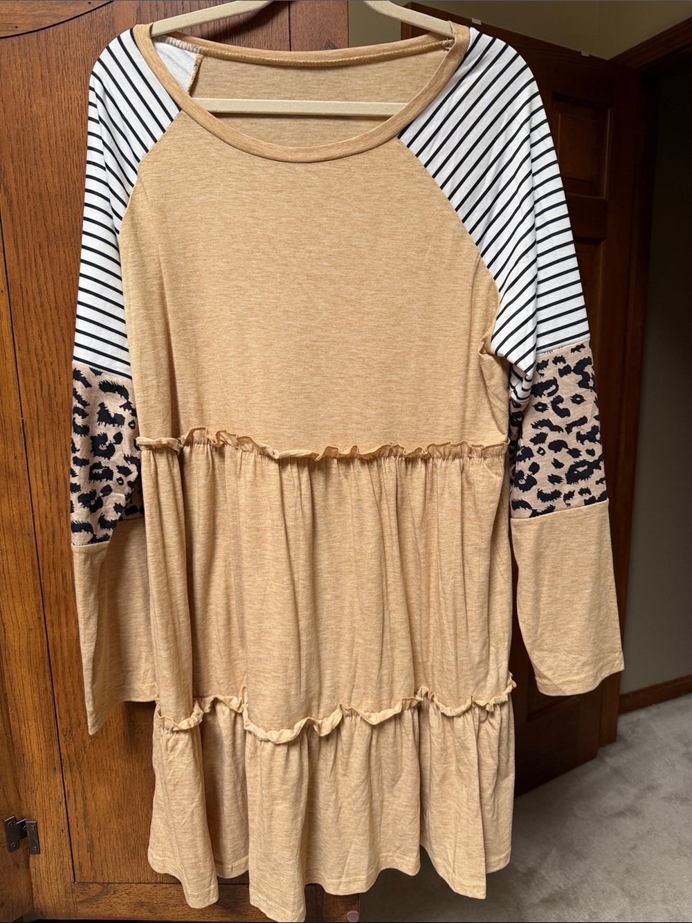 Tan Tiered Raglan Dress with Striped and Leopard Sleeve Accents
